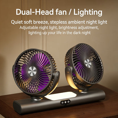 Double Head Air Circulation Fan USB Rechargeable | Desktop & Wall-Mounted 3-Speed Dual-Head Fan with Atmosphere Night Light, Multi-Angle Airflow for Camping, Home & Office – Grey & White