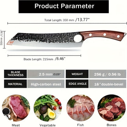 Butcher Knife 8 Inch Hand Forged High Carbon Steel Cleaver – Meat & Vegetable Chopping Knife with Finger Hole, Wooden Handle