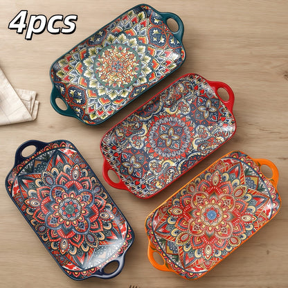 Ceramic Serving Platter Set of 4, Bohemian Rectangular Fish Dish with Double Handles, Baking Tray for Sushi Pasta Desserts Salads Fruits, Ideal for Family Gatherings Picnics Restaurants
