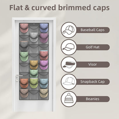 Over the Door Hat Organizer 24 Pocket - Baseball Cap Rack with Large Clear Pockets and 3 Hooks for Hat Storage Protection and Display in Closet