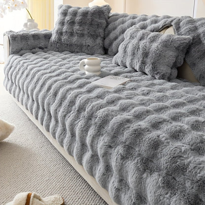 Faux Rabbit Plush Sofa Cover Winter Warm Thickened Anti-Slip Pet Friendly Cushion Protector for Living Room Bedroom Office 1 2 3 4 Seater