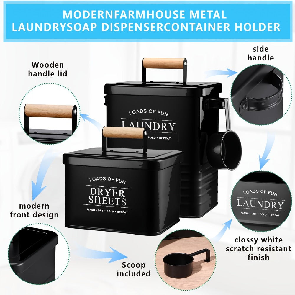 Laundry Pod Container & Dryer Sheet Holder Set with Scoop – Metal Farmhouse Laundry Room Organizer, Detergent Dispenser & Soap Storage