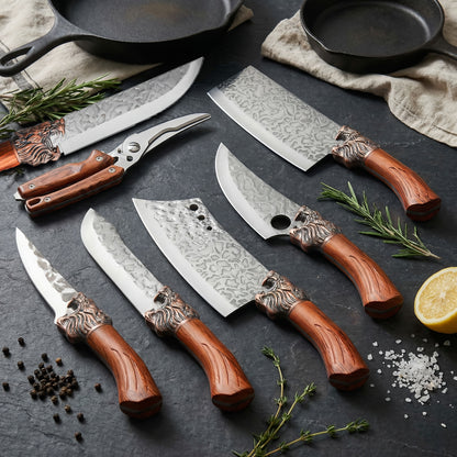 Kitchen Knife Set Professional Forged Chef Knife Set Full Tang Blades with Poultry Shears Meat Knife Carving Knife Cleaver Cooking Gift for Women Home Kitchen