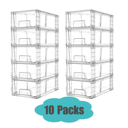 Clear Acrylic Storage Drawers with Handles - Stackable Refrigerator and Pantry Organizer Bins for Snacks Fruits and Vegetables, Food Safe Pull-Out Drawer Bins for Fridge Kitchen Cabinet Under Sink and Bathroom, Available in 4, 6, 8 or 10 Pack