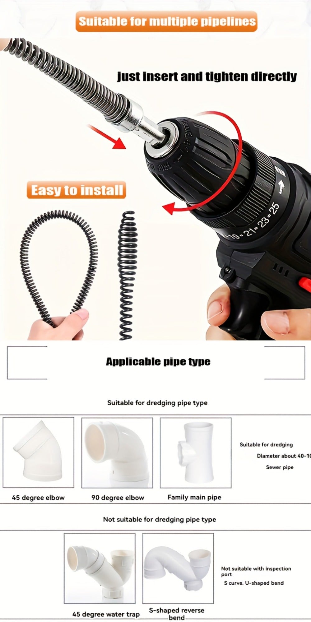 Drain Snake Pipe Unclogger 59 Inch Flexible Hair Clog Remover Tool for Sink, Toilet & Bathroom Drain – Reusable Plumbing Snake Drain Cleaner, Easy to Use
