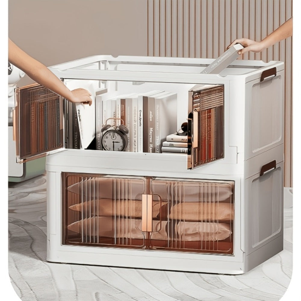 Folding Storage Cabinet with Wheels, 3/4/5-Tier Stackable Plastic Storage Bins with Lids & Magnetic Doors, Foldable Large Organizer with 360° Lockable Wheels for Home Office Kitchen Bathroom Garage