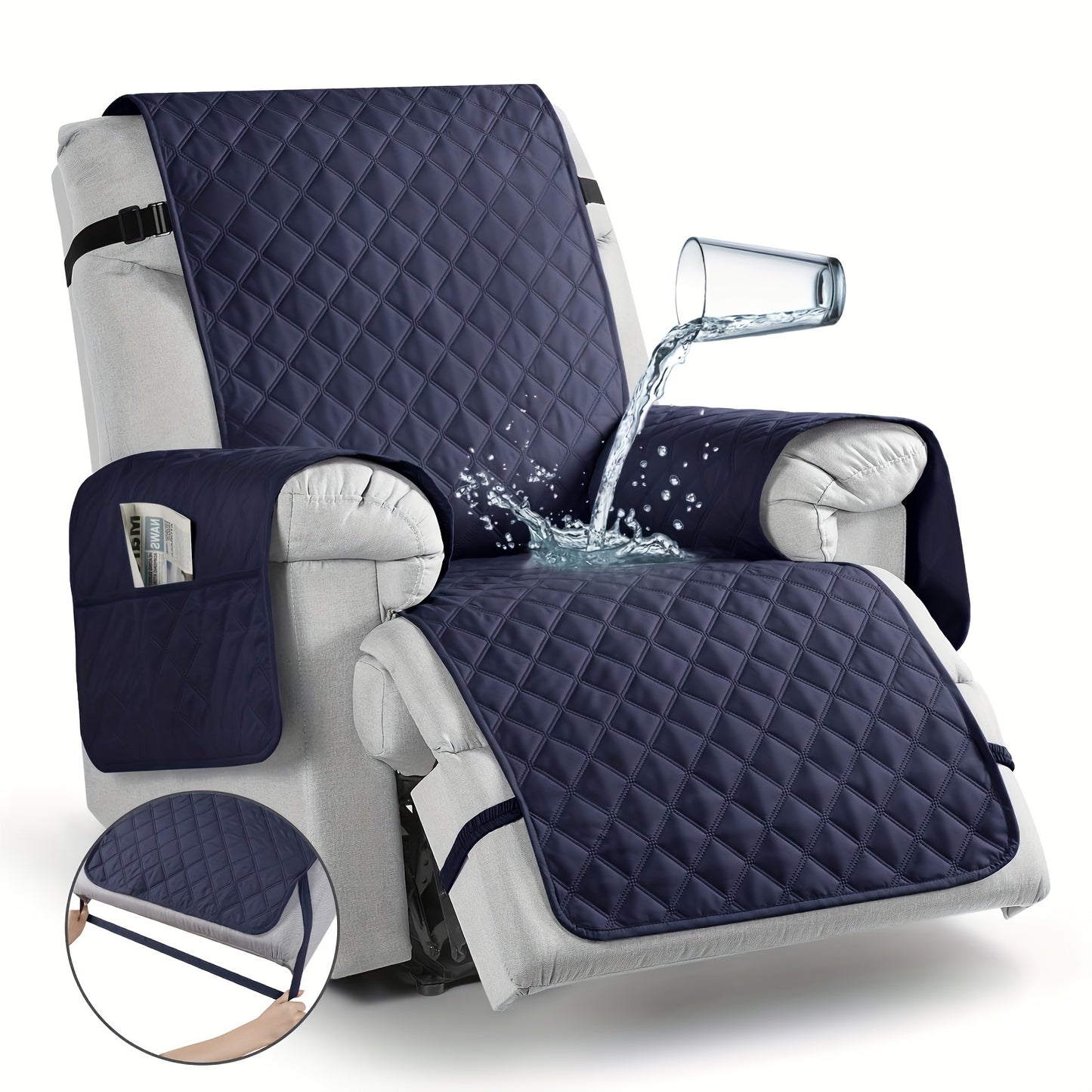 Waterproof Recliner Chair Cover with Pocket | Non-Slip Washable Reclining Sofa Protector for Dogs Cats, Adjustable Strap