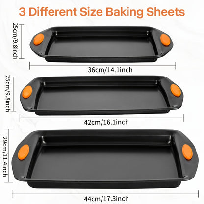 Nonstick Baking Sheet Set with Silicone Handles, Carbon Steel Cookie Sheet Pan Set in Assorted Sizes, Stackable Bakeware for Baking Roasting, Heavy Duty Oven Pans with Orange Handles, 2-Piece or 6-Piece