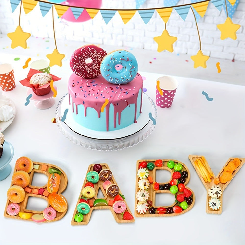 Baby Shower Charcuterie Board Set – 4-Piece BABY Letter Shaped Wooden Serving Tray, Bamboo Snack Platter for Gender Reveal, Birthday Party, Cake & Cookie Display