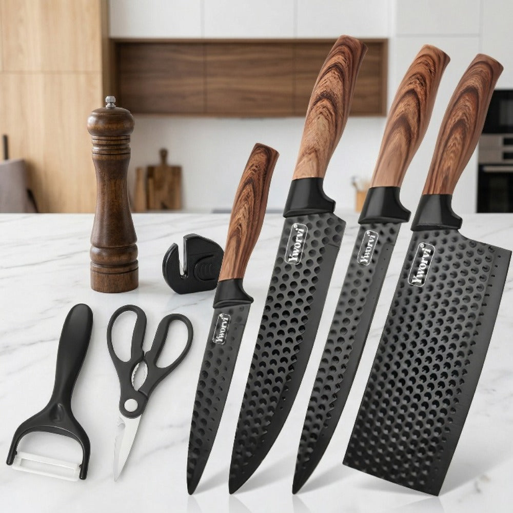Chef Knife Set 7 Piece High Carbon Stainless Steel Ultra Sharp – Anti-Stick Ergonomic PP Handle, Includes Slicing Knife, Scraper, Scissors & Whetstone, Gift Box for Home, Family & Travel
