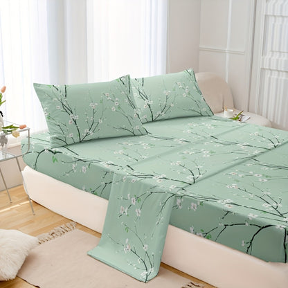 Fitted Sheet Set 4-Piece Plum Blossom Floral Print | Deep Pocket 15" Bed Sheets Twin Full Queen King | Soft Polyester Bedding Set with 2 Pillowcases, All-Season Machine Washable