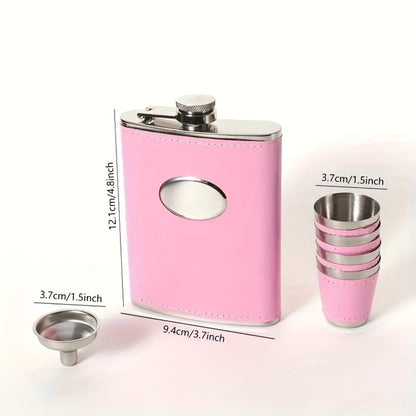 Flask Set for Women 6oz Leather Wrapped Stainless Steel Hip Flask Gift Set with 4 Cups and Funnel Pink Orange Blue Holiday Christmas Valentine Gift for Girlfriend Mom