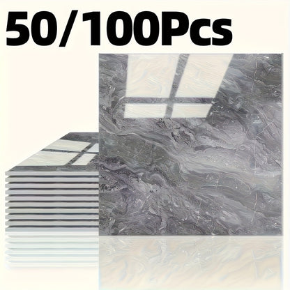 Peel and Stick Wall Tile Stickers Marble Pattern Self-Adhesive Waterproof Glossy Wallpaper 50/100Pcs for Kitchen Bathroom Living Room Home Decor