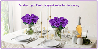 10pcs Artificial Silk Roses Bulk - Fake Flowers for Wedding Home Decor, 19.69" Long Stem, Deep Purple & Dark Green