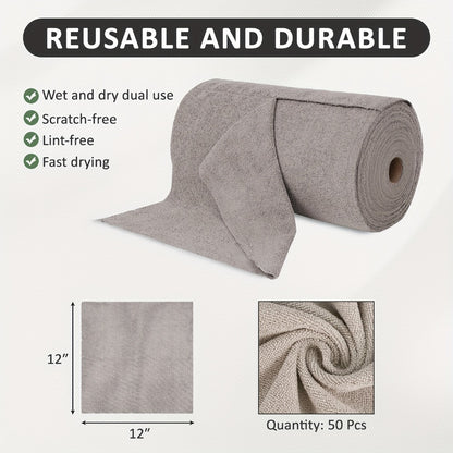 Microfiber Cleaning Cloths Reusable Paper Towel Roll Replacement – Washable Absorbent Tear-Away Dishcloths for Kitchen, Bathroom & Car | Eco-Friendly Rags 50 or 100 Pack, 12x12 Inch