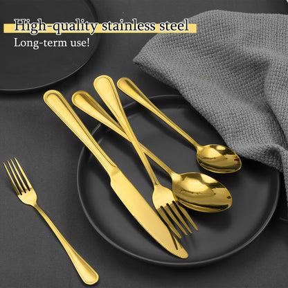 84-Piece Golden Cutlery Set Service for 12 | Knife Fork Spoon Set for Family Gatherings Camping BBQ Kitchen Utensils