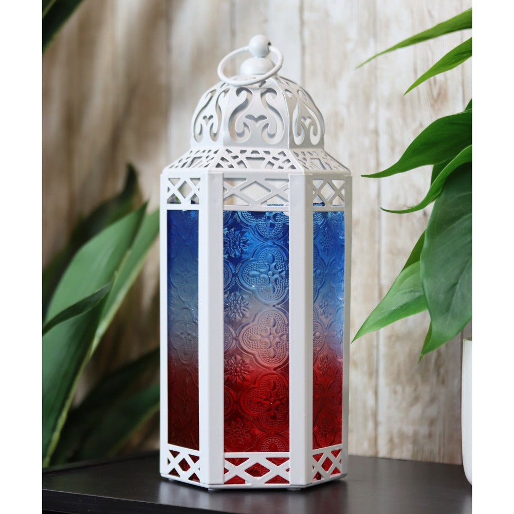 Moroccan Candle Lantern Holder - Decorative Metal & Glass Lantern with Embossed Floral Design for Indoor Home Decor, Garden, Patio, Weddings, Ramadan, Halloween & Holiday Celebrations - 10.5" Tall Medium Size