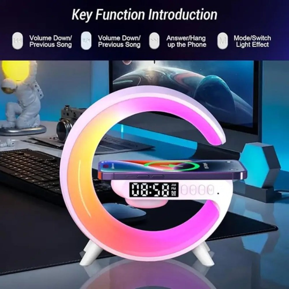 Wireless Charger with RGB Night Light – 4-in-1 Bluetooth Speaker Alarm Clock Wake Up Light, 256 RGB Colors, Qi Fast Charging for iPhone Samsung, Bedside Nightstand Lamp
