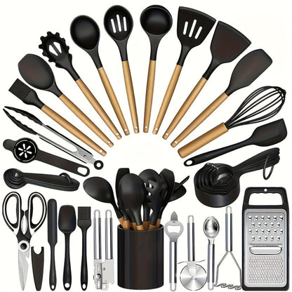 Silicone Cooking Utensils Set 35-Piece with Holder Rack Wooden Handle Heat Resistant Kitchen Tools for Non-Stick Pans – Complete Kitchen Utensil Set in Multiple Colors