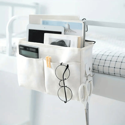 Bedside Hanging Organizer 2Pack Bed Rail Storage Bag - Bunk Bed Dorm Hospital Caddy for Books Magazines Phone Glasses Kettle Bedroom Shelf Basket Gray White