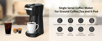 Single Serve Coffee Maker 2-in-1 for K-Cup Pods and Ground Coffee One-Button Operation 6-14oz Brew Sizes Auto Shut-Off Stainless Steel Drip Coffee Machine Blue Black Red Grey