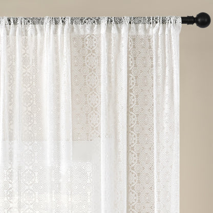 Sheer Chiffon Curtain French Retro Lace Embroidered White Voile Rod Pocket Panel | Living Room Bedroom Room Divider | Boho Cottagecore Romantic Window Drape 145x114 145x183 145x244cm
