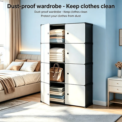 Modular Storage Cabinet with Magnetic Door, 3-Tier & 4-Tier Closet Organizer, Large Capacity Wardrobe Storage Unit, Dust-Proof Odor-Free Stackable Shelves, Easy Assembly for Bedroom Dorm Apartment Living Room