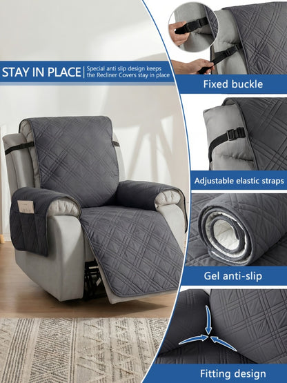 Recliner Cover Quilted with Side Pocket - Anti-Slip Elastic Band Pet Friendly Sofa Chair Protective Slipcover Easy Install for Living Room Home Decor, 6 Colors