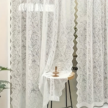 Sheer Curtain Rod Pocket Floral Lace Semi-Sheer Window Panel for Living Room Bedroom Kitchen Bathroom, 100% Polyester, Machine Washable, White Light Green Coffee