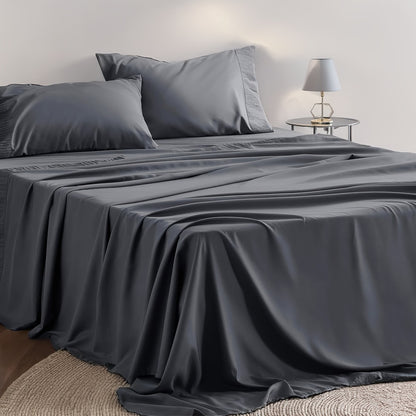Bed Sheet Set 4-Piece Soft Breathable Cooling Sheets - Flat Sheet, Fitted Sheet & 2 Pillowcases, Wrinkle-Free Hotel Luxury Bedding, All Season Comfort