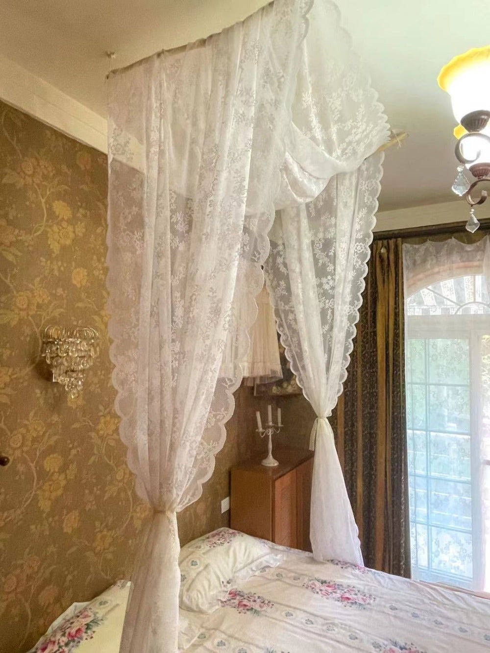 Lace Bed Canopy Mosquito Net – Bohemian Romantic Sheer Bed Curtain for Bedroom, Hotel & Morocco Style Decor | Elegant White Princess Bed Drape for Twin, Full, Queen & King | 57x236 Inch
