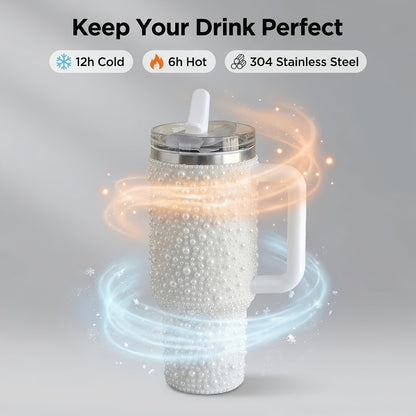 40oz Rhinestone Tumbler with Handle and Straw – Stainless Steel Double Wall Insulated Cup | Pearl Glitter Travel Mug for Sublimation Outdoor Sports Camping Holiday Gift