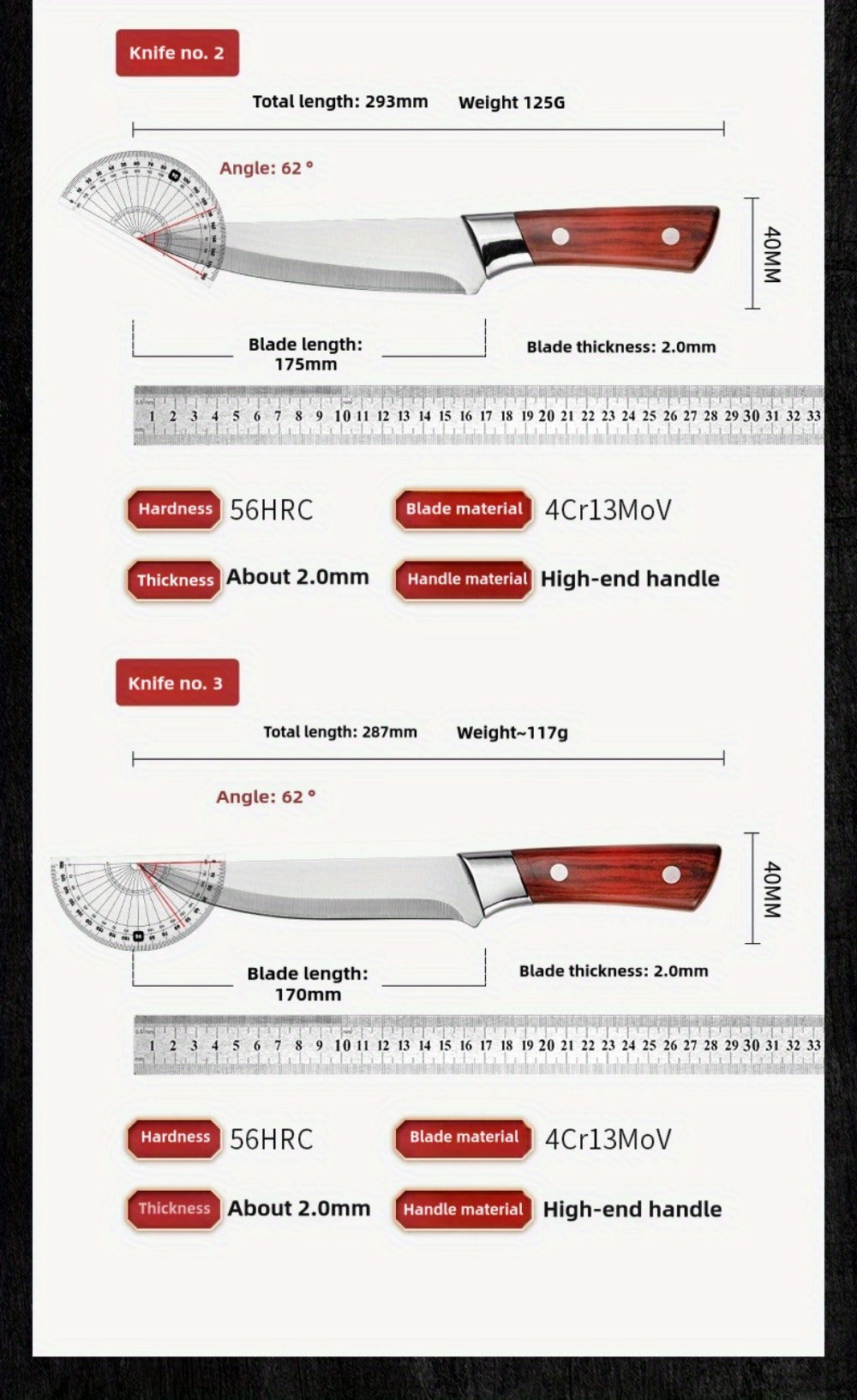 Kitchen Knife Set 3-Piece Hand Forged Stainless Steel Chef Knives with Boning Fillet & Carving Blades – Professional Butcher Set for Meat Cutting BBQ Father's Day Gift