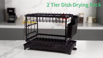 2-Tier Metal Dish Drying Rack with Drainboard – Kitchen Counter Dish Drainer Compact Countertop Drying Rack Black White Gray