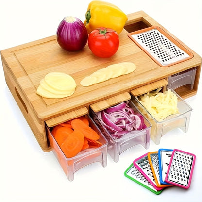 Bamboo Cutting Board with Drawer & Food Container Juice Tank Cheese Shredder Carving Board with Easy Handgrip for Vegetables, Meat & Cheese – Kitchen Chopping Board with Storage