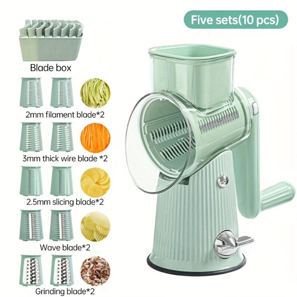 Rotary Cheese Grater with Interchangeable Blades – 5-in-1 Manual Vegetable Slicer Shredder Set, Suction Cup Base, Easy to Clean, Multifunctional Kitchen Tool for Fruits, Vegetables & Nuts