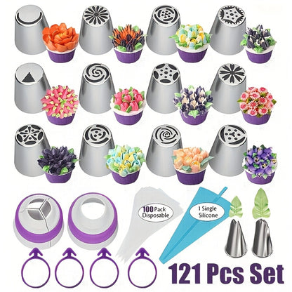 Russian Piping Nozzle Set 121pcs, 12 Flower Icing Tips, 2 Leaf Piping Tips, 2 Couplers and 100 Piping Bags, Cake Decorating Tools for Cupcake Cookie Frosting, Baking Supplies for Home and Professional Bakers