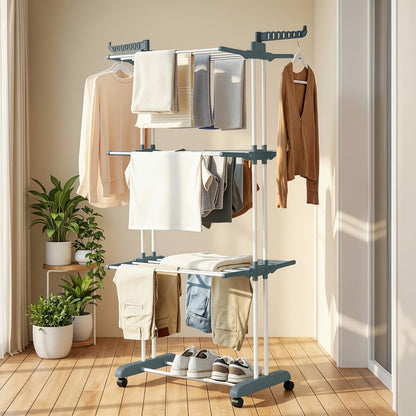 Clothes Drying Rack 4-Tier Foldable Metal Laundry Rack with Rolling Casters, Holds 30+ Garments, Adjustable Shelf Heights, Freestanding Collapsible Clothes Dryer Stand for Bedroom Bathroom Nursery Small Spaces