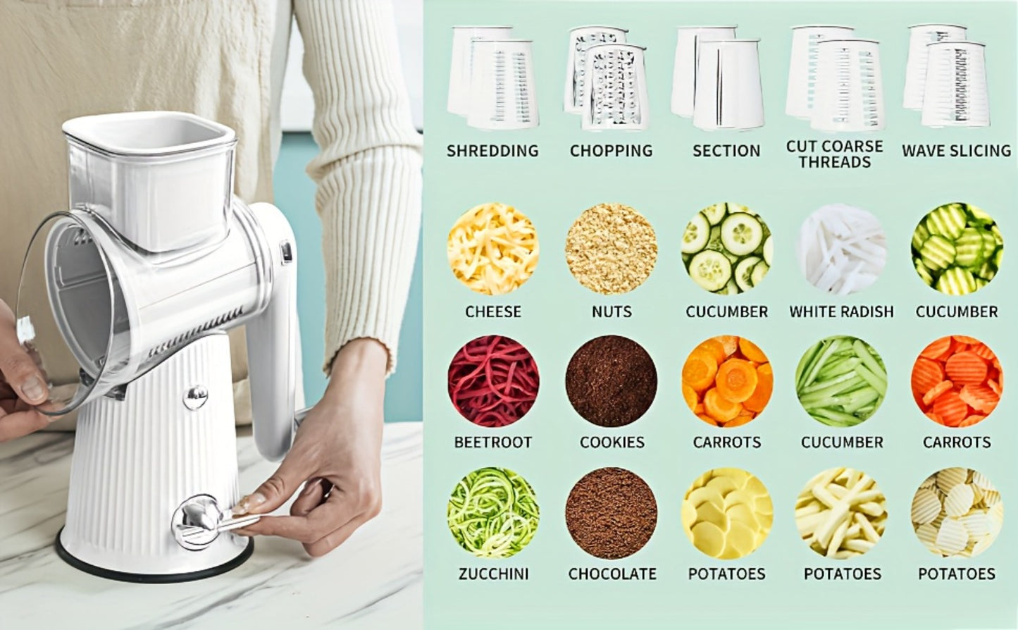 Rotary Cheese Grater with Interchangeable Blades – 5-in-1 Manual Vegetable Slicer Shredder Set, Suction Cup Base, Easy to Clean, Multifunctional Kitchen Tool for Fruits, Vegetables & Nuts