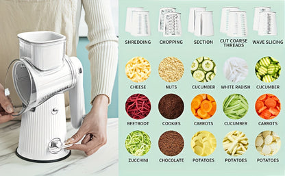 Rotary Cheese Grater with Interchangeable Blades – 5-in-1 Manual Vegetable Slicer Shredder Set, Suction Cup Base, Easy to Clean, Multifunctional Kitchen Tool for Fruits, Vegetables & Nuts