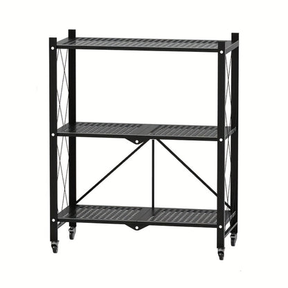Storage Rack 3-5 Tier Foldable Shelving Unit with Wheels - Portable Multi-Layer Floor Standing Utility Shelf Organizer for Bedroom Closet Kitchen Office Black White