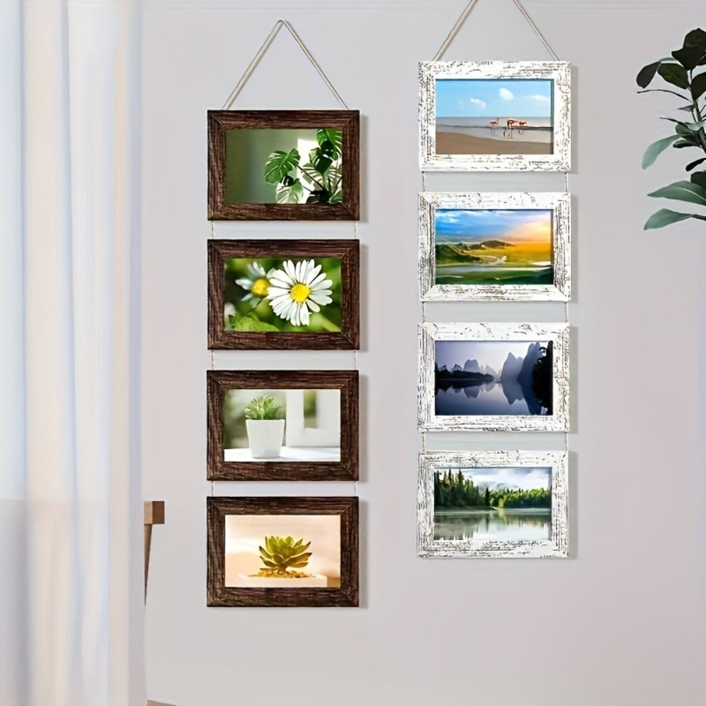 Picture Frame Set 4pcs Wooden Glass 4x6 with Flip-Top Display – Collage Photo Frames for Wall & Desktop, Interchangeable Mat, Home Decor Room Aesthetic – Wedding, Housewarming & Holiday Gift (White/Brown)