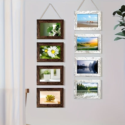 Picture Frame Set 4pcs Wooden Glass 4x6 with Flip-Top Display – Collage Photo Frames for Wall & Desktop, Interchangeable Mat, Home Decor Room Aesthetic – Wedding, Housewarming & Holiday Gift (White/Brown)