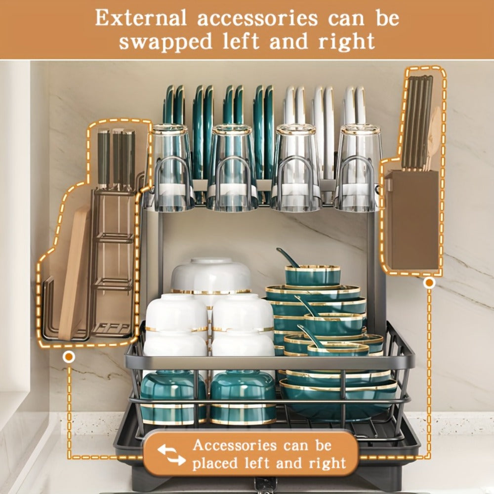 2-Tier Metal Dish Drying Rack with Cutlery Holder Cup Holder & Rust-Proof Drip Tray – Space Saving Countertop Kitchen Organizer
