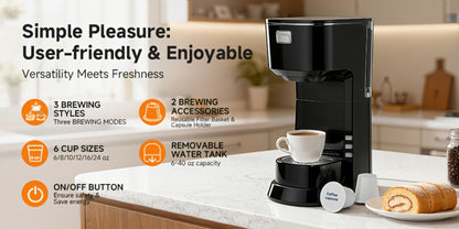 Coffee Maker One-Button Compact Specialty Coffee Machine – Fast Home Brewing, Space-Saving Countertop Design, Barista-Style Results, Available in Black & White