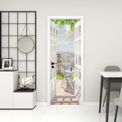Door Sticker Balcony Scenery Wall Mural – Removable Waterproof Peel & Stick Large Wall Art for Bedroom & Living Room, Faux Window View Home Decor, 35.43 x 78.74 Inches