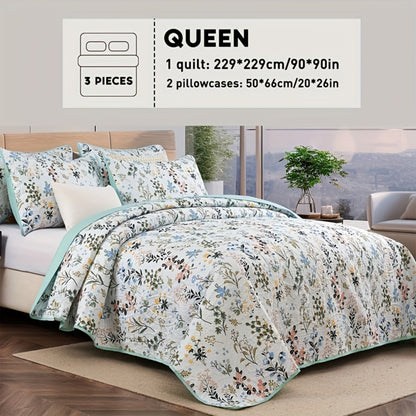 Reversible Floral Comforter Quilt Set – Soft Microfiber Botanical Bedding, Twin Full Queen King, All Seasons – White, Blue, Pink & More