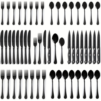 Stainless Steel Flatware Set with Steak Knives – 24/48 Piece Silverware Set Service for 4 or 8, Mirror Polished Cutlery, Dishwasher Safe, Silver & Black