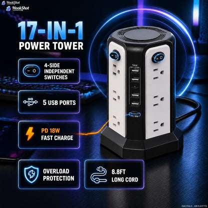 Power Strip Tower Surge Protector 16 AC Outlets 5 USB Ports PD20W USB-C Fast Charging Flat Plug Extension Cord 1500J Overload Protection Desktop Charging Station for Home Office Dorm