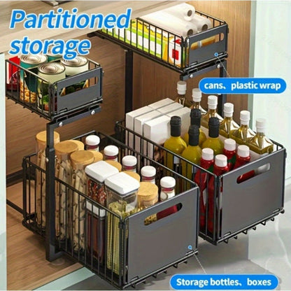 Under Sink Organizer 2-Tier Slide Out Pull Out Drawer Metal Basket Height Adjustable - Under Sink Cabinet Organizer for Kitchen Bathroom Storage, Sliding Shelf Rack for Cleaning Supplies Toiletries